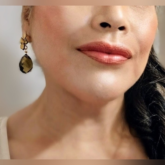 Handpainted Brown Flowers & Smoky Quartz In Chunky Artisan Gold Plated Earrings - Picture 9 of 9